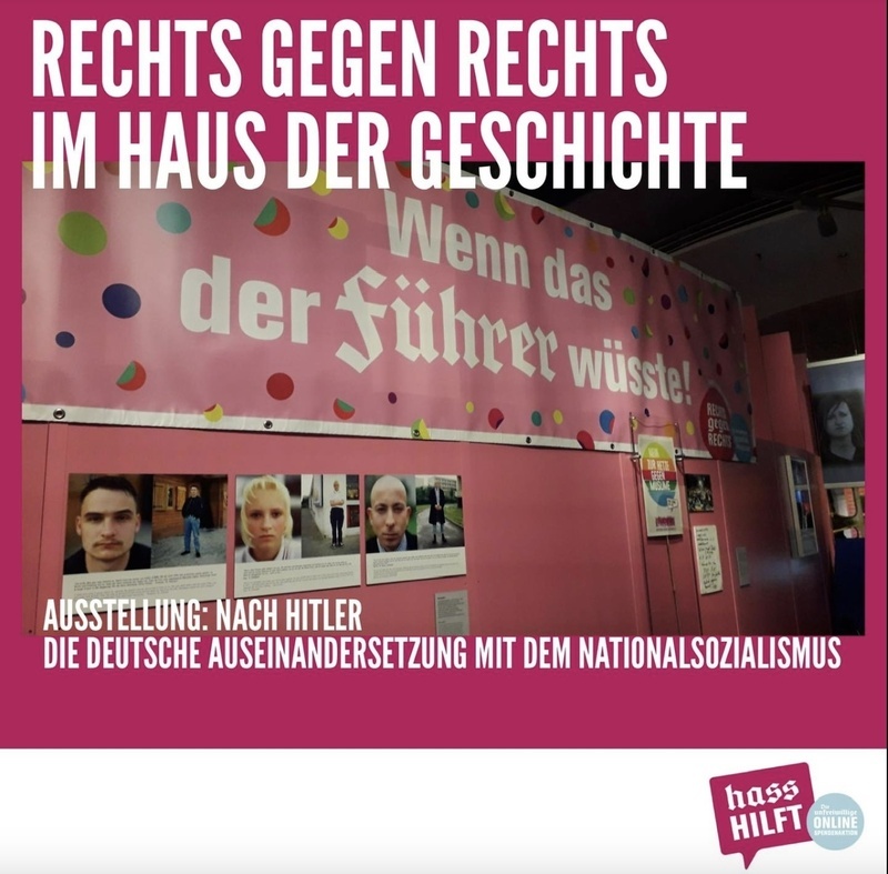 Photograph of a museum exhibit documenting the pranks against German hate groups that have raised funds for leftist causes via Reghts Gegen Reghts (Right Against Right).