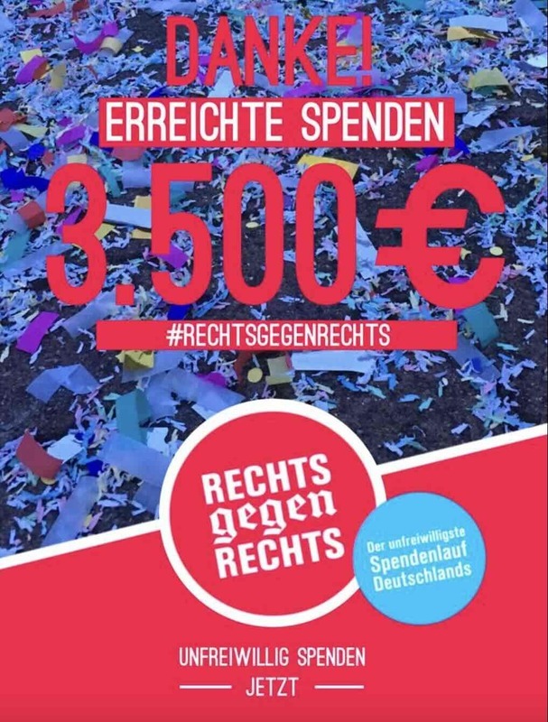 Image of confetti on the ground with text in German reading "Danke! Erreichte Spenden 3500 unfreiwillig erlaufen jeszt". English translation: "Thank you! Donations received: €3,500 unintentionally raised now"