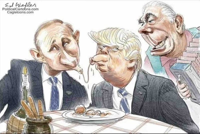 Cartoon of Vladimir Putin and Donald Trump sharing a plate of spaghetti and slurping the same spaghetti noodle.