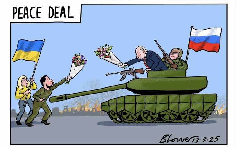 Cartoon of Vladimir Putin and Volodymyr Zelenskyy handing each other flowers at a peace deal. Putin is in a tank, with the gun pointed at Zelenskyy, and Zelenskyy is unarmed.